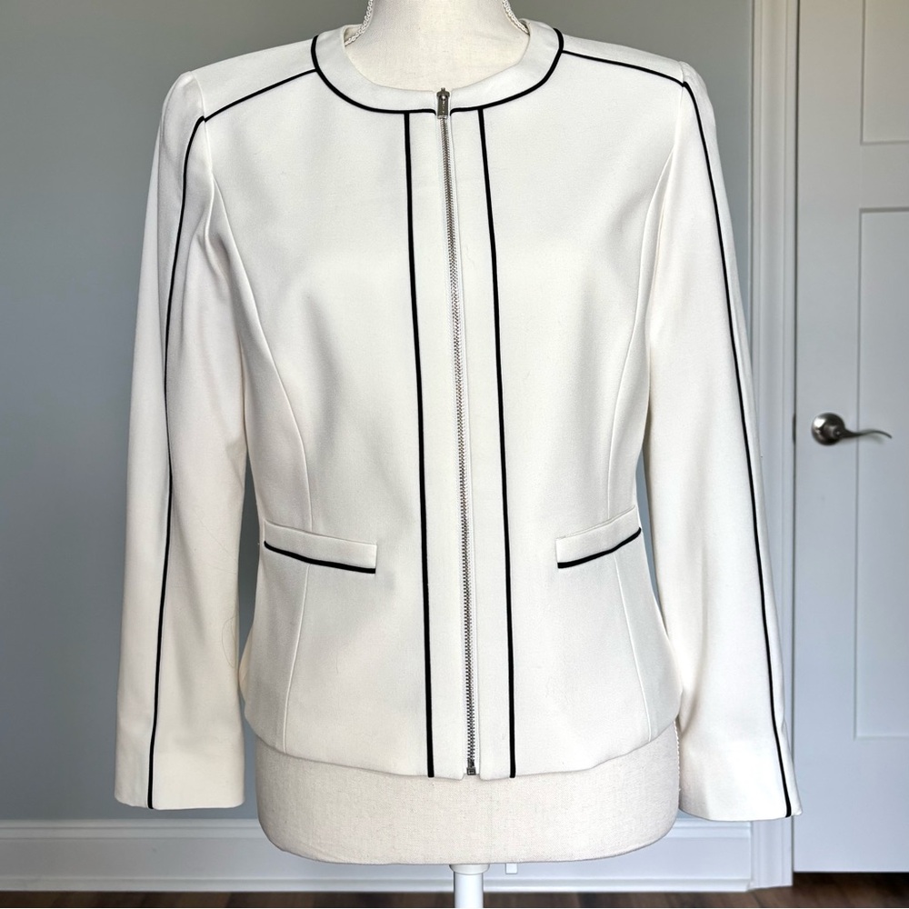 Calvin Klein White Black Piping Zip Front Blazer Suit Jacket
